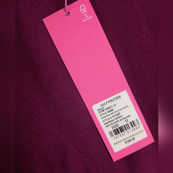 NWT LILLY PULITZER BORDEAUX ONE SHOULDER DRESS IN AMARENA CHERRY SIZE 12 $198 - Picture 8 of 11